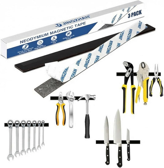 Heavy Duty Magnetic Tape with Adhesive - 12" x 0.8" Strong NdFeB Magnetic Strips (3 Pack), Flexible & Cuttable for Tools, Whiteboard, Fridge, Garage, DIY Projects