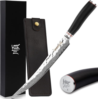YOUSUNLONG Slicing & Carving Knife -10''(25.4cm) - Damascus Steel - Japanese Hammered Super Steel - Razor Sharp - Italian Olive wood Handle With Leather Sheath -Ham Slicer- Slicing Cleaver