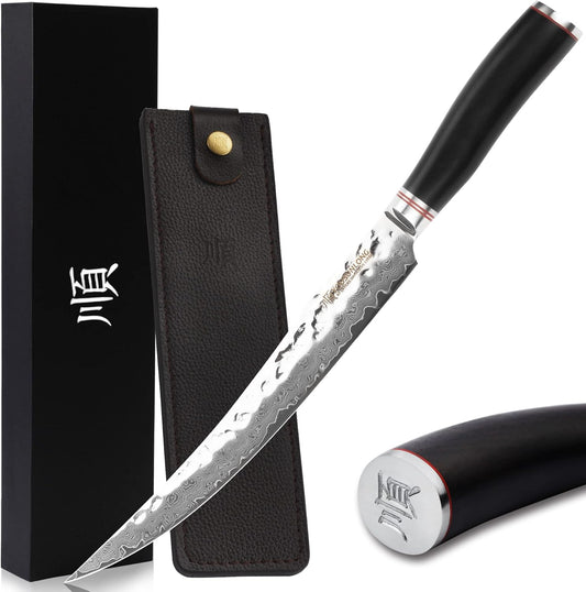 YOUSUNLONG Slicing & Carving Knife -10''(25.4cm) - Damascus Steel - Japanese Hammered Super Steel - Razor Sharp - Italian Olive wood Handle With Leather Sheath -Ham Slicer- Slicing Cleaver