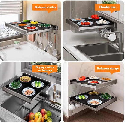 Wall-Mounted Kitchen Food Prep Trays Station, Foldable Suction Cup Food Preparation Rack, Kitchen Serving Accessories for Holding Dishes Spices Knives(White,44cm)