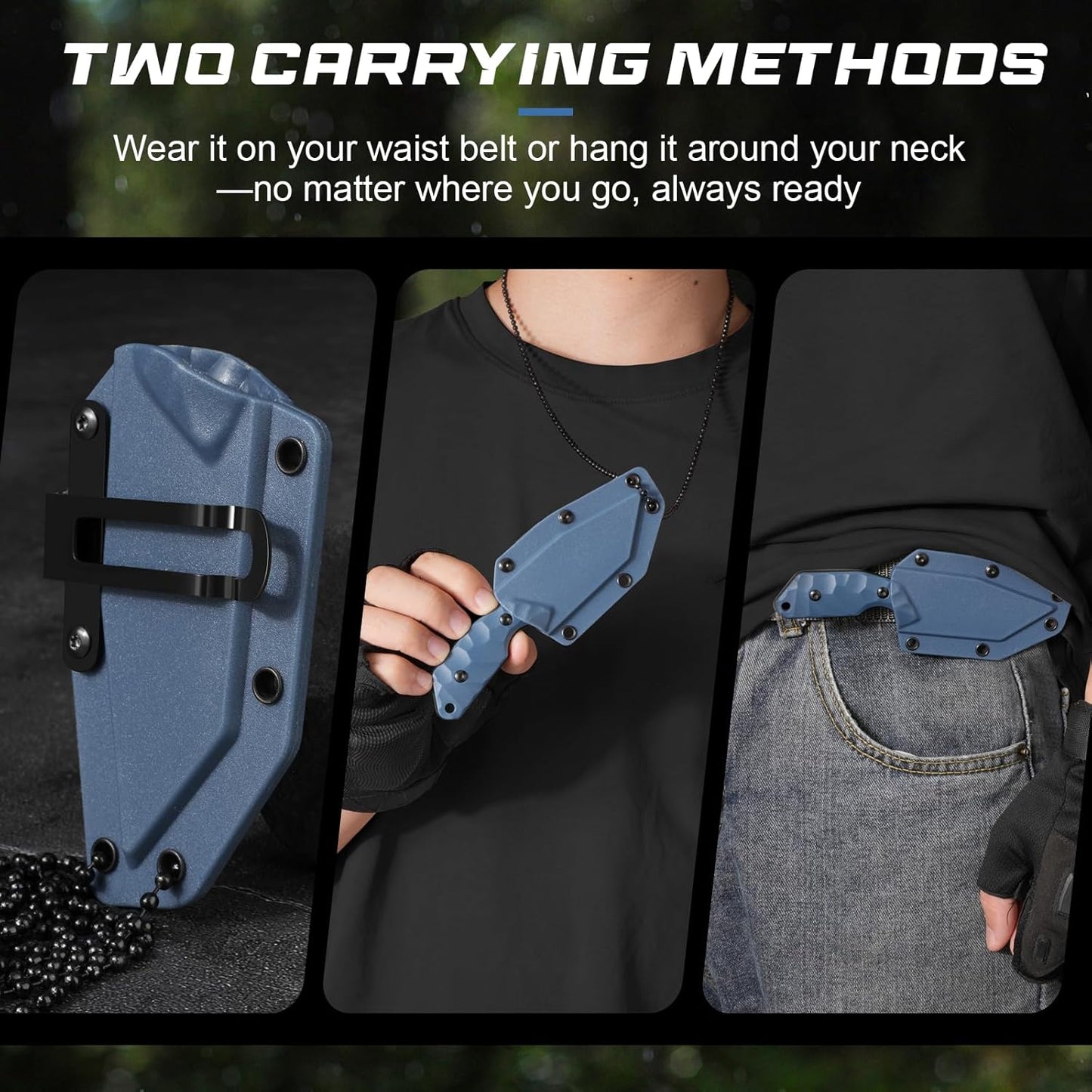 3.07" Neck Knife with Sheath X-TAN-K, Horizontal Carry Knife with Full Tang Tanto 5Cr14MoV Steel Blade, for EDC, Camping, Hiking