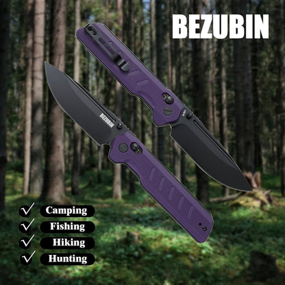 Folding Pocket Knife 3.25" VG10 Blade EDC Folding Knife with Safety Axis Lock Black G10 Handle Hunting Camping Knife with Thumb Stud Opener