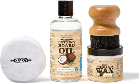 CLARK’S Cutting Board Oil and Wax Kit – Includes Food Grade Mineral Oil (12oz), Finishing Wax (6oz), Applicator, & Buffing Pad to Clean and Protect Wood, Enriched with Natural Lemon & Orange Extract