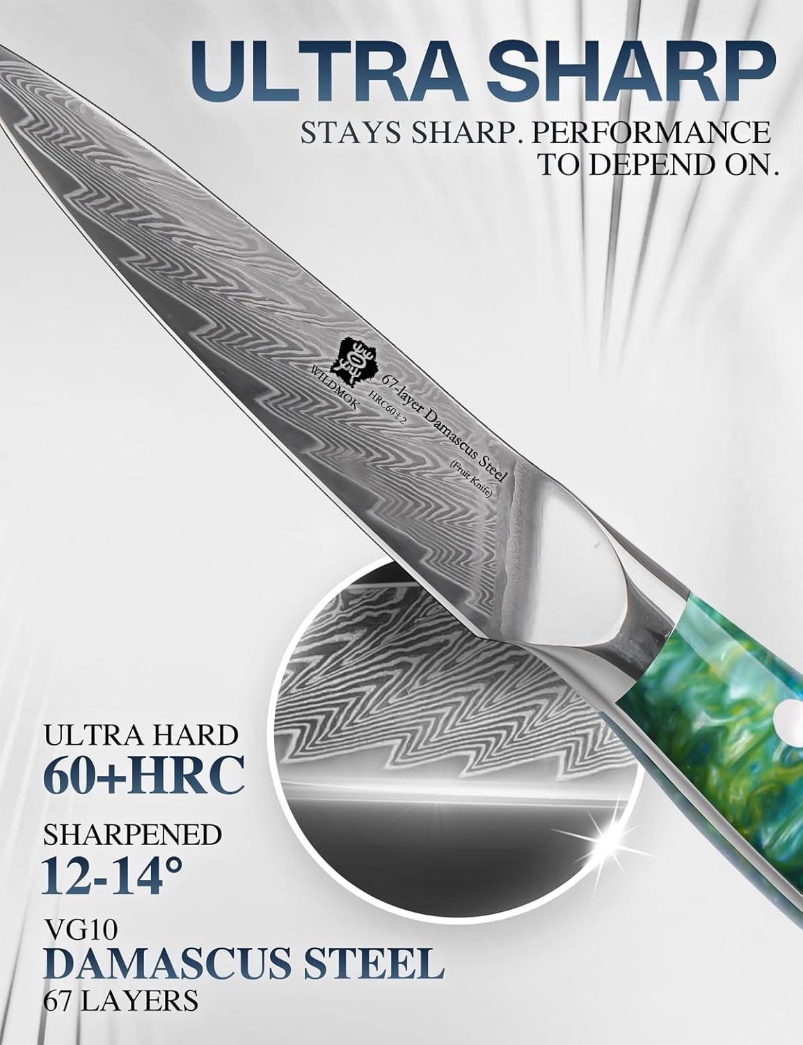 WILDMOK Paring Knife 3.5 Inch, Japanese Damascus Fruit Knife, Small peeling knife Perfect for Cutting Fruit Vegetables Petty Knife