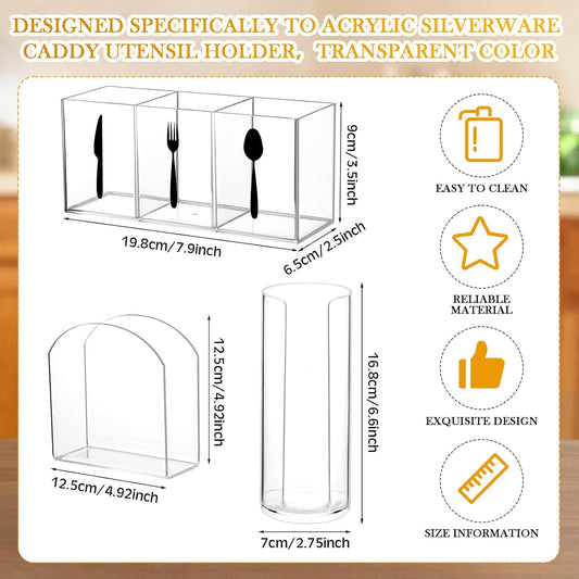 Baderke 3 Set Acrylic Cutlery Storage Organizer Include Clear Silverware Caddy for Kitchen Utensil Holder for Countertop Knife Spoon and Fork, Acrylic Cup and Napkin Holder for Party