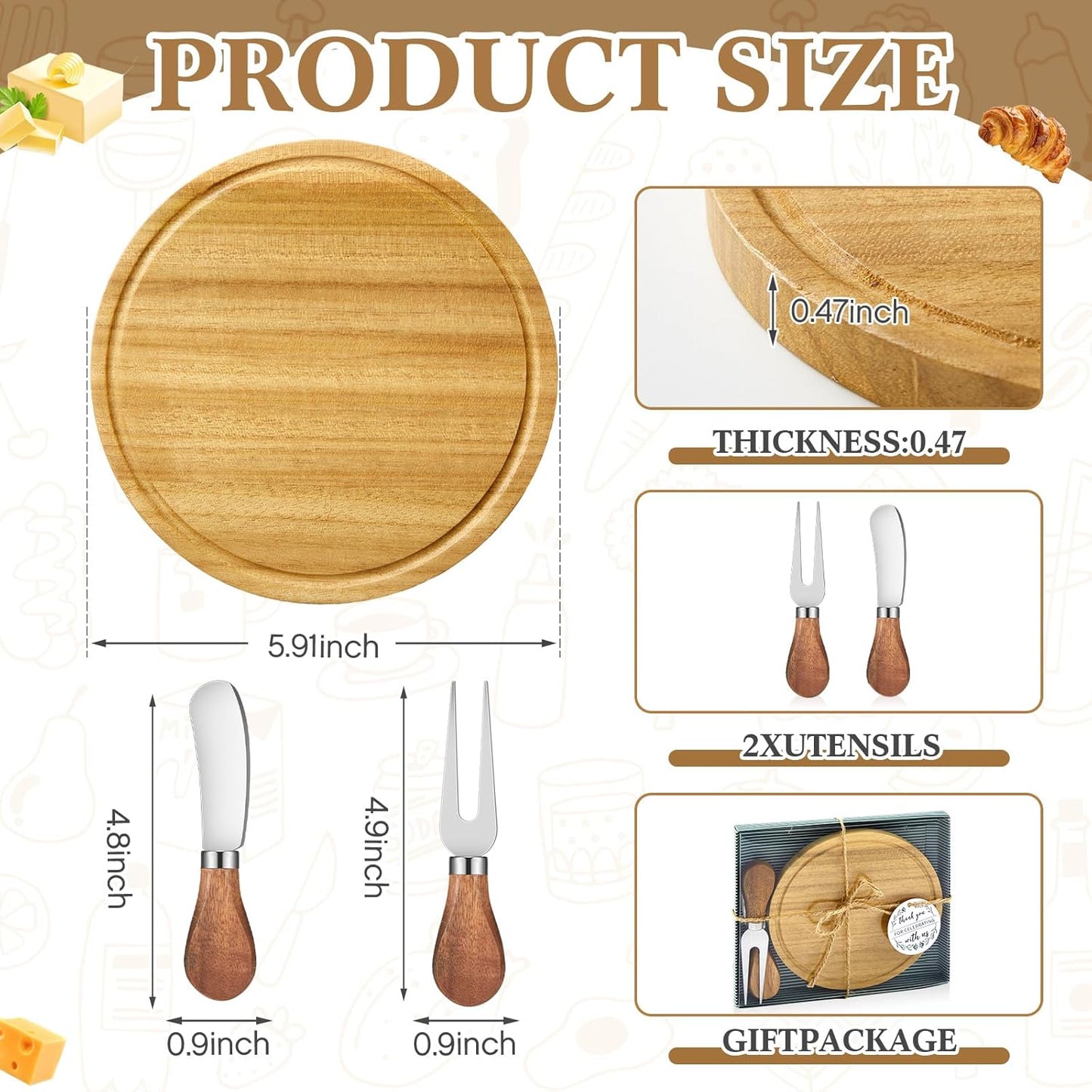 Maxcheck 18 Sets Baby Shower Bridal Game Prizes for Winners Round Cheese Board Set Wood Mini Charcuterie Board with Knives and Forks Thank You Card with Gift Box for Guests Wedding (Bamboo)