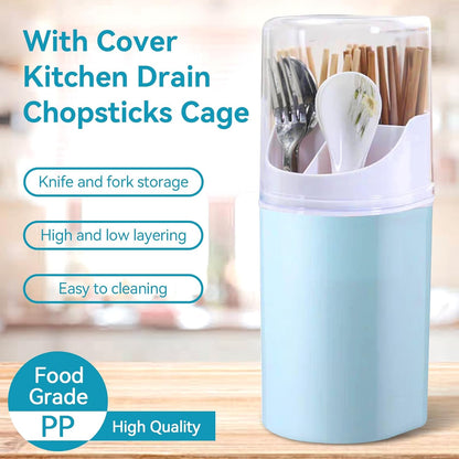 HERCHR Kitchen Utensil Holder with Cover, 4 Compartment Wall-Mounted Countertop Plastic Silverware Holder Utensil Drying Rack for Cutlery, Chopstick, Spoons, Forks, Knives(Blue)