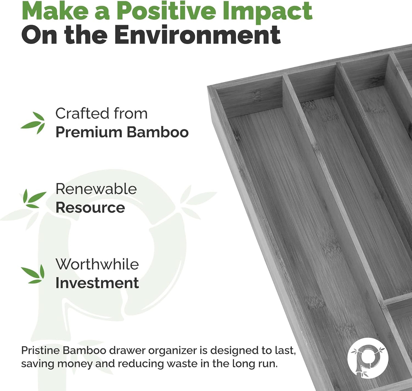 Pristine Bamboo Silverware Organizer - Small Extra-Deep Wooden Kitchen Drawer Organizer Divider for Spoons, Forks, Knives & Cutleries - 5 Slots