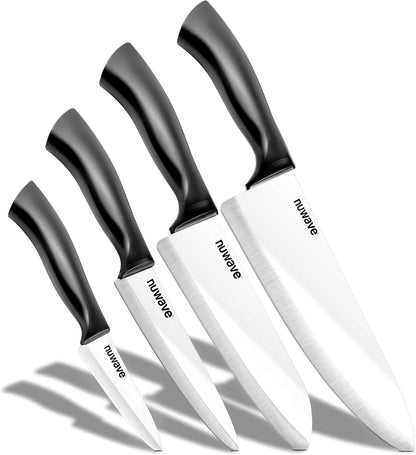 Nuwave 4-Piece Black Ceramic Knife Set - Includes 3' Paring, 5' Utility, 6.5' Everyday & 8' Chef's Knife, Ideal Super Sharp Kitchen Knives, Rust-Proof, Ergonomic Handles