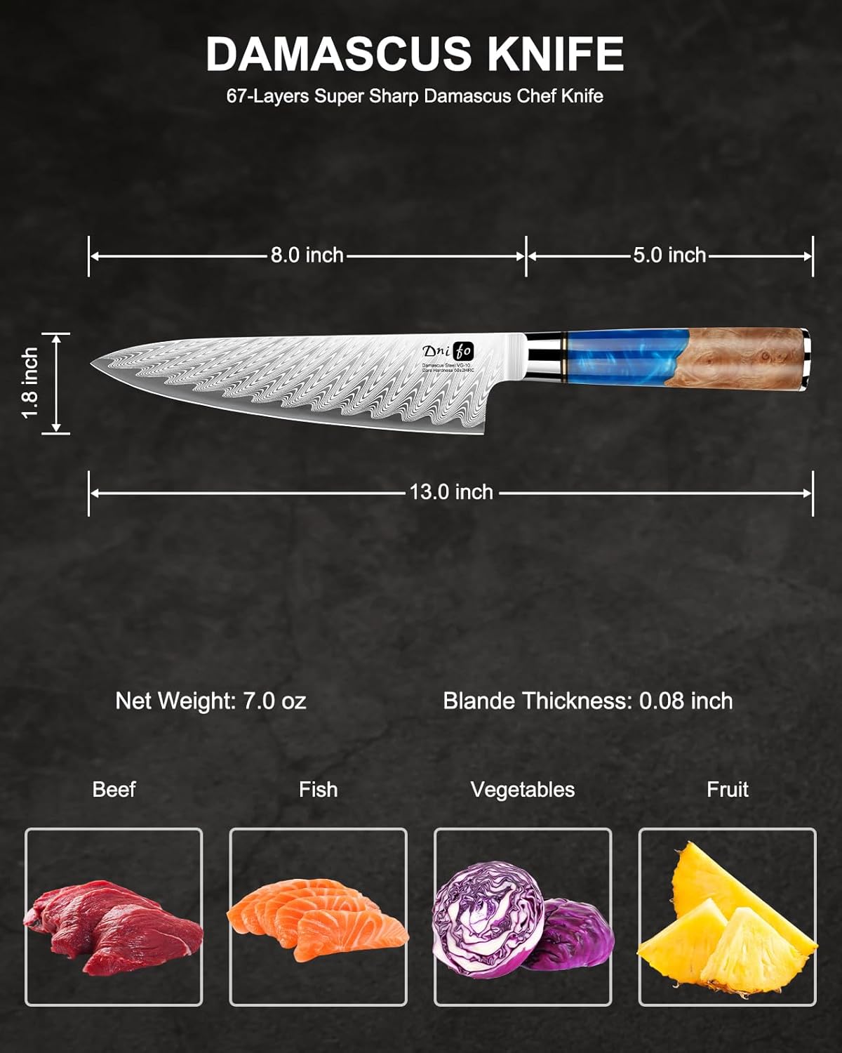 5 Pieces Damascus Knife Set, Japanese Chef Knife Set with Galaxy Pattern Resin Handle, 67-Layers Damascus Steel, Gift Box Included 5" Paring, 6" Boning, 7" Santoku, 8" Chef & 8" Bread Damascus Knives