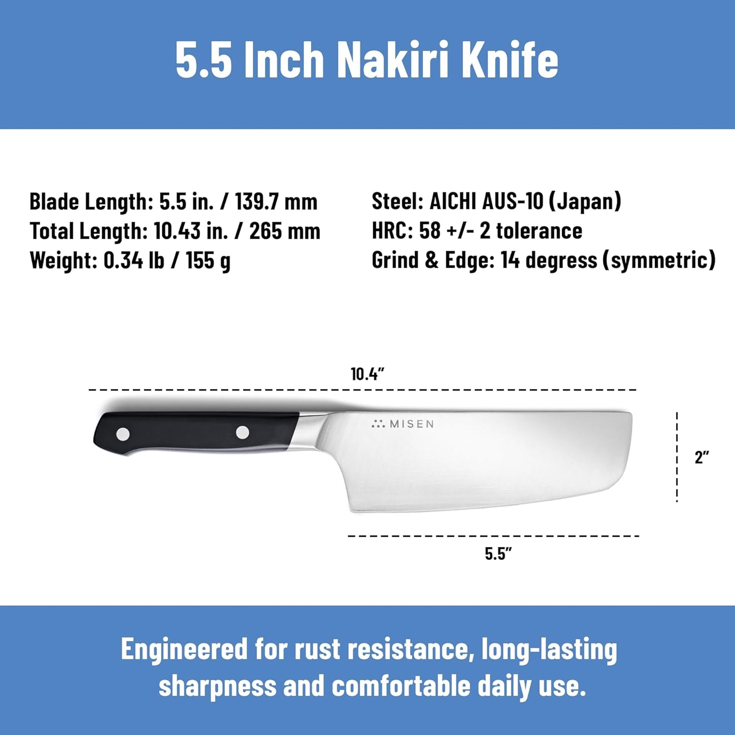 Misen 5.5” Nakiri Knife - Japanese Vegetable Knife, AICHI ACUTO440 High-Carbon Stainless Steel - Razor-Sharp 14° Edge - Compact, Rust-Resistant Kitchen Knife for Chopping, Slicing & Meal Prep - Blue