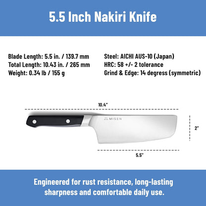 Misen 5.5” Nakiri Knife - Japanese Vegetable Knife, AICHI ACUTO440 High-Carbon Stainless Steel - Razor-Sharp 14° Edge - Compact, Rust-Resistant Kitchen Knife for Chopping, Slicing & Meal Prep - Blue