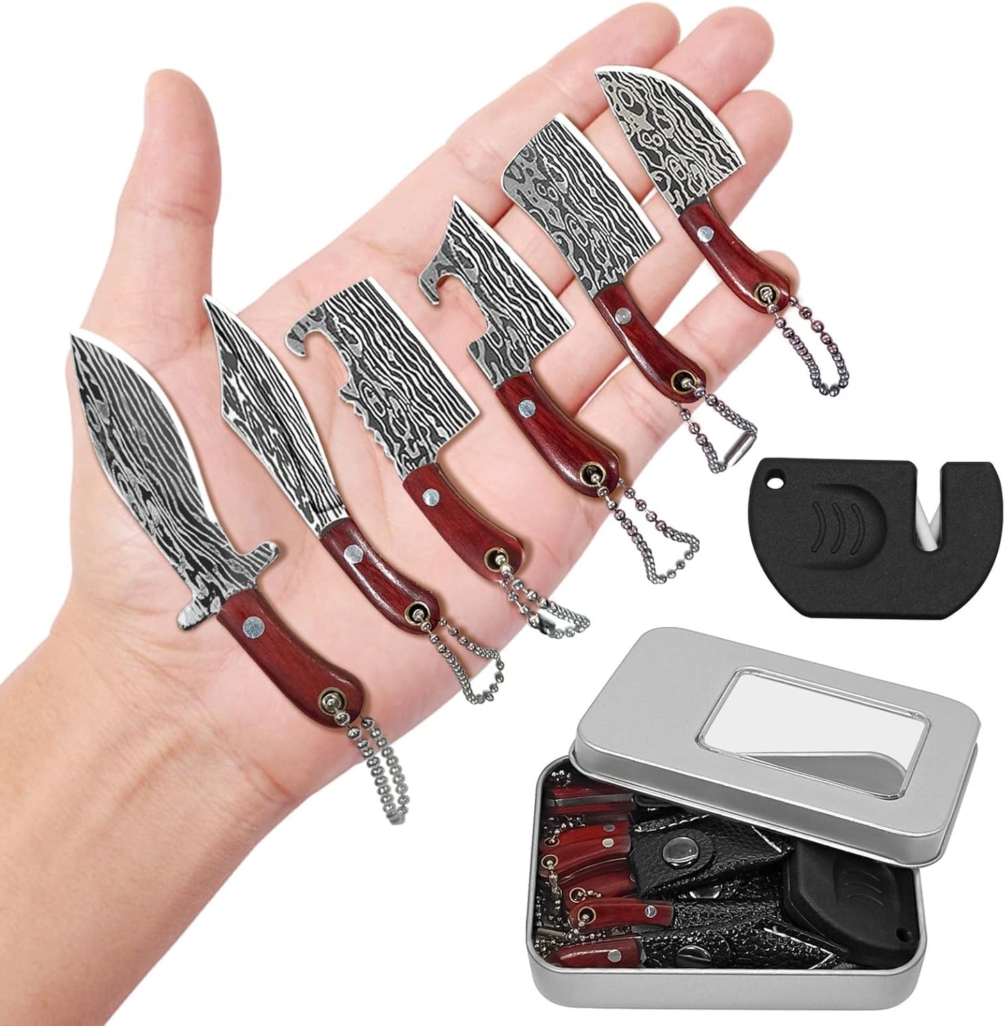 Mini Knife Set, Damascus Pocket Knife with Sharpener, Mini Chef EDC Knives, Tiny knife Cleaver Keychain Tiny Things for Package Opener, Box Cutter, Letter Opener - Set of 5