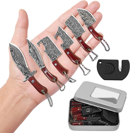 Mini Knife Set, Damascus Pocket Knife with Sharpener, Mini Chef EDC Knives, Tiny knife Cleaver Keychain Tiny Things for Package Opener, Box Cutter, Letter Opener - Set of 5