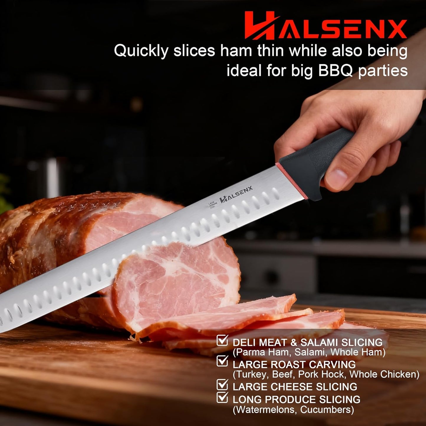 12 Inch Slicing Knife with Fluted Edge - Non-Slip SoftGrip Handle Meat Carving Knife for BBQ, Roast Turkey, Brisket