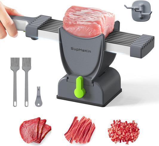 SupMaKin Fresh Meat Slicer, Thickness Adjustable 2 or 4 mm, 17 IN 1 Stainless Steel Manual Meat Cutter, Cleaver Kitchen Knife, Jerky Slicer Suit for Chicken Breast Beef Pork (With SteadyGrip)