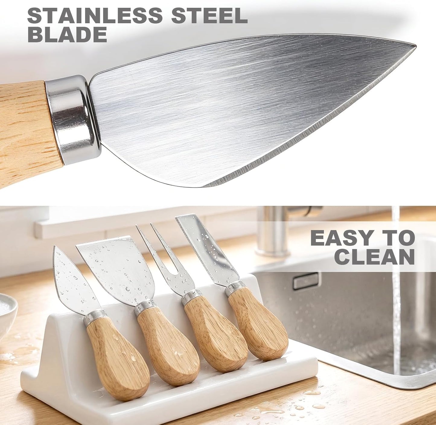 Cheese Knives Set with Wood Handle, Premium 4 PCS Mini Oak Wooden Cheese Knife for Charcuterie and Cheese Spread, Stainless Steel Cheese Slicer, Butter Cutter, Perfect tool for the Kitchen