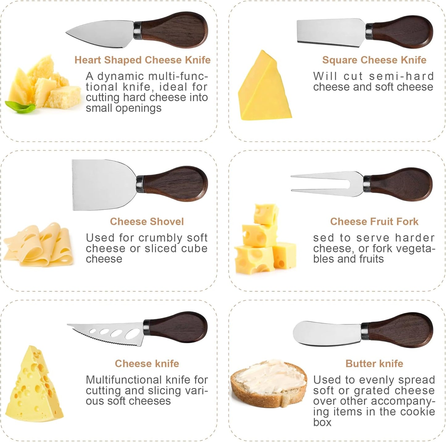 Cheese Knife Set, 6 Pcs Charcuterie Board Accessories - Cheese Knife, Spreader, Fork, Slicer, Cheese Cutter, Butter Knife, Stainless Steel Cheese Knives for Housewarming Gift (Walnut Handle)