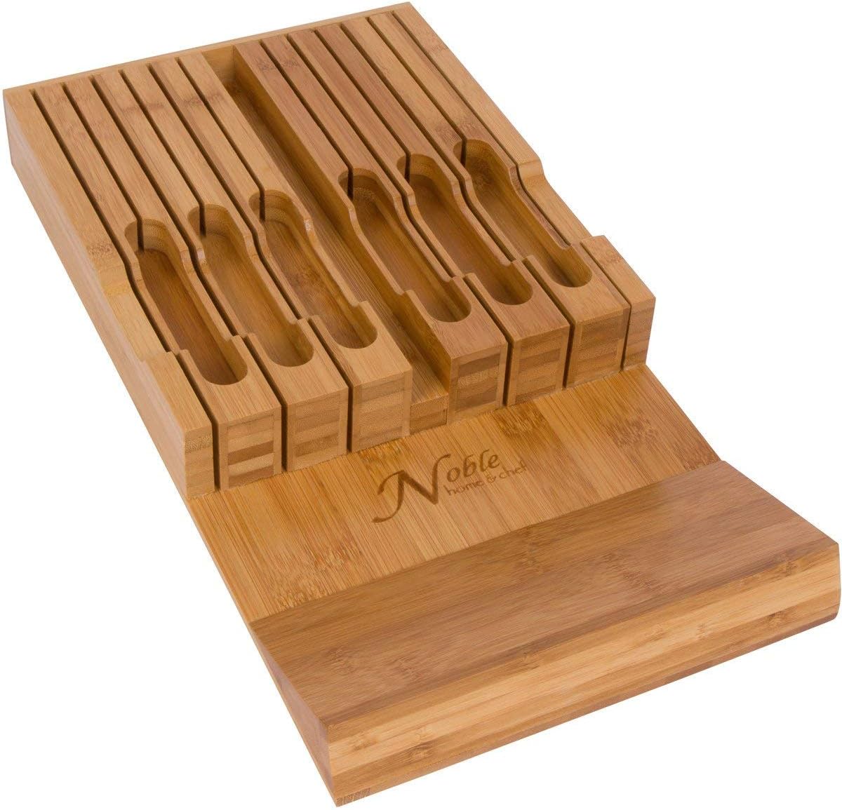 In-Drawer Bamboo Knife Block Holds 12 Knives (Not Included) Without Pointing Up PLUS a Slot for your Knife Sharpener! Noble home & chef Knife Organizer Made from Quality Moso Bamboo