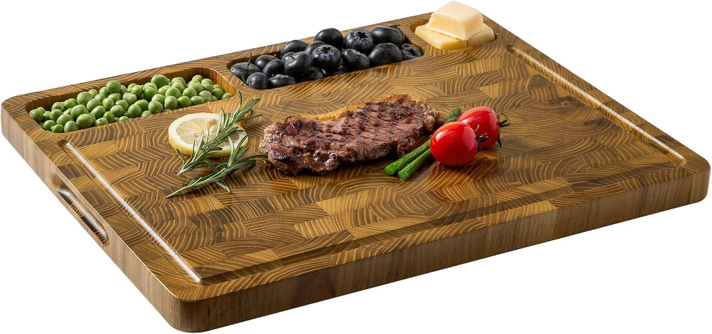 THETCHRY Teak Wood Cutting Boards for Kitchen, Large Charcuterie Board with Handle, 1" Thick Butcher Block, End Grain Cutting Board, Reversible Wooden Chopping Board for Meal Prep & Serving, 17"×13"