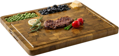 THETCHRY Teak Wood Cutting Boards for Kitchen, Large Charcuterie Board with Handle, 1" Thick Butcher Block, End Grain Cutting Board, Reversible Wooden Chopping Board for Meal Prep & Serving, 17"×13"