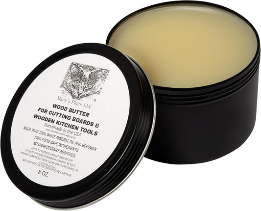 Wood Butter Cutting Board Wax - 8 fl oz - Conditioner for Butcher Block and Wooden Kitchen Tools. Macy;s Place Food Grade Mineral Oil and Beeswax for Wooden Tools. Support Animal Rescue