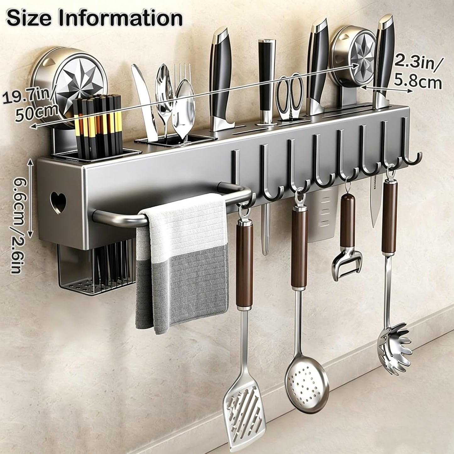 19.7" Drill-Free Wall-Mounted Knife Holde, Carbon Steel Knife Holder Rack with Self-Adhesive, Black Space Saving Utensil Organizer with Hooks & Hanging Bar, for Knife Storage, Scissors, Spatula