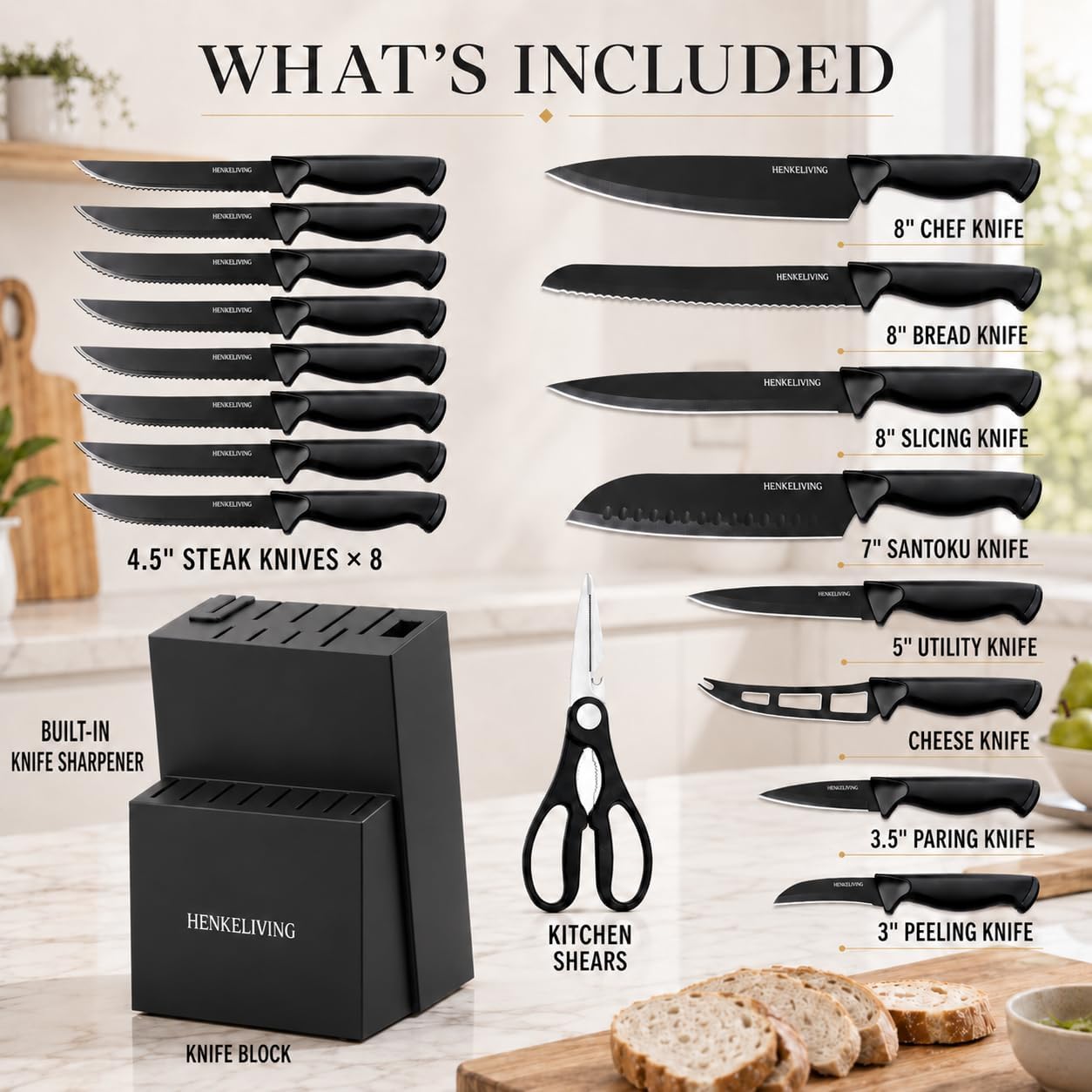 Knife Set, 14-Piece Black Dishwasher Safe Kitchen Knife Block Set with Built-In Sharpener, German High Carbon Stainless Steel Blades, Ultra Sharp Knives with Ergonomic Non-Slip Handles