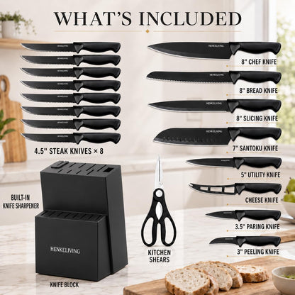 Knife Set, 14-Piece Black Dishwasher Safe Kitchen Knife Block Set with Built-In Sharpener, German High Carbon Stainless Steel Blades, Ultra Sharp Knives with Ergonomic Non-Slip Handles