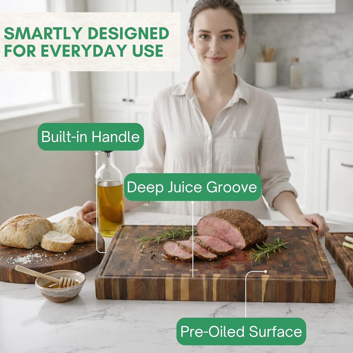 End Grain Acacia Wood Cutting Boards for Kitchen, 1.5 in Thick Butcher Block Construction for Stability, 15 x 10 in Medium Cutting Boards with Gift Box, Juice Groove and Handle