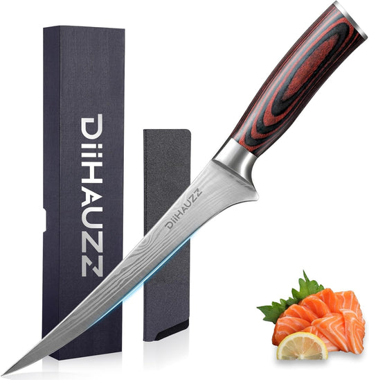 7 Inch Fillet Knife for Fish, Razor Sharp Boning Knife High Carbon Stainless Steel for Poultry Deboning and Meat Cutting, Japanese Filleting Knives with Ergonomic Pakkawood Handle, Sheath