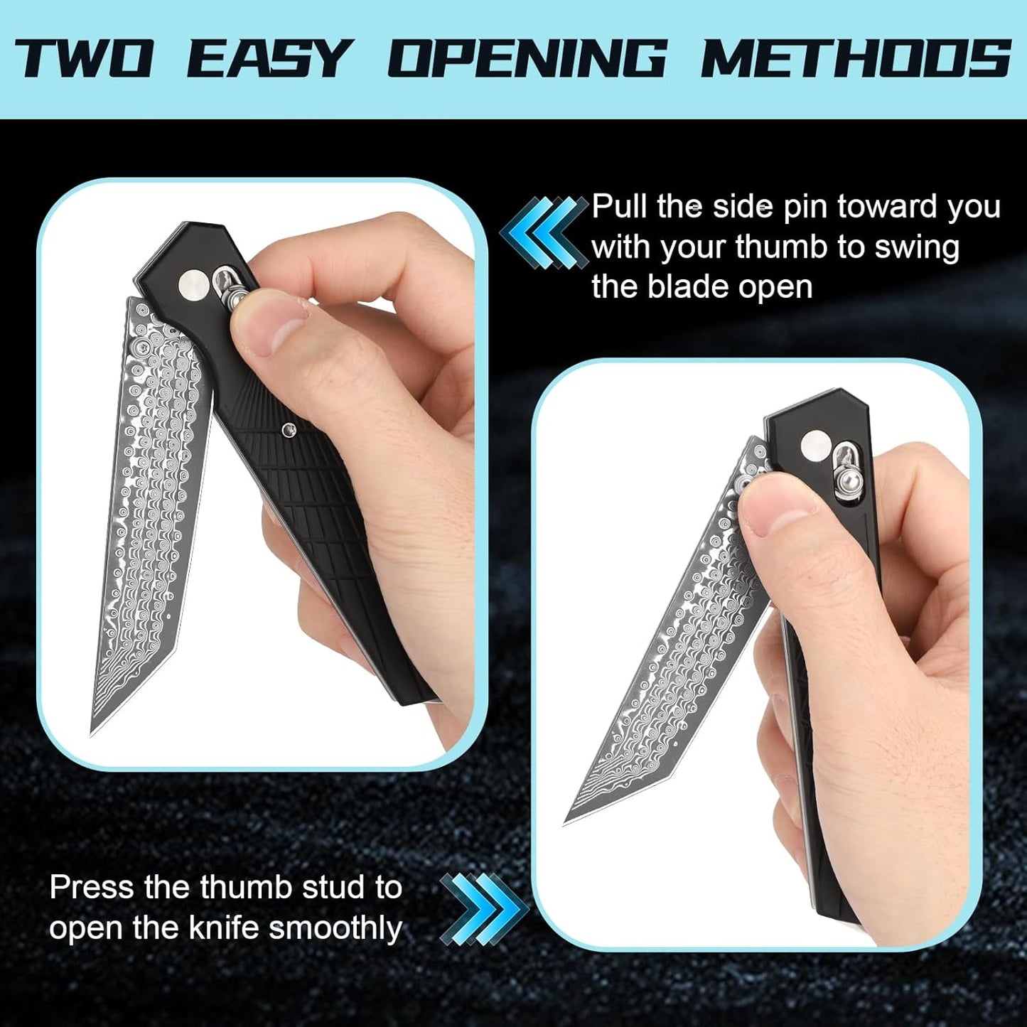 AUBEY Damascus Pocket Knife with Clip, Sharp Tanto Blade with VG10 Core Folding Knife with Abalone Shell Handle and Glass Breaker, EDC Camping Knife for Gift Survival Collection