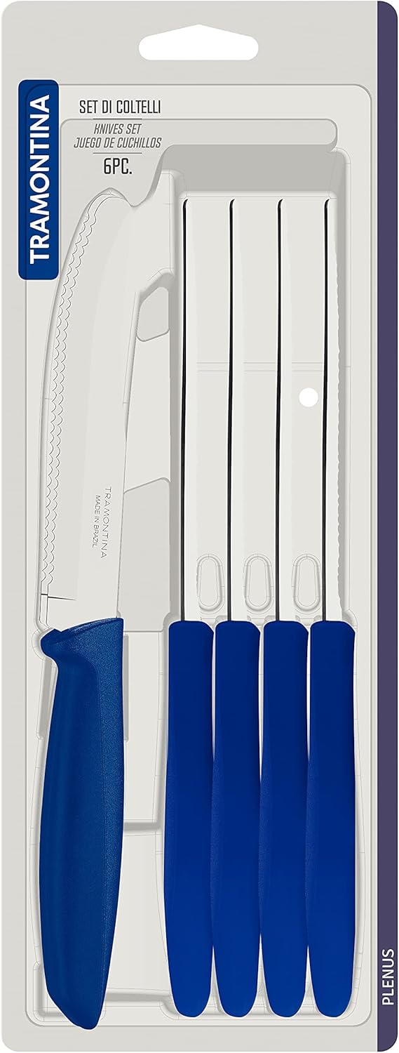 Tramontina Kitchen Knives Set of 6, Serrated Fruit Tomato Cooking Knife, Vegetable Chopper Peeler, Stainless Steel, Multipurpose, Pointed Tip, Brown, 23498454