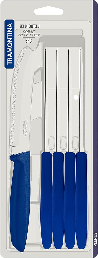 Tramontina Kitchen Knives Set of 6, Serrated Fruit Tomato Cooking Knife, Vegetable Chopper Peeler, Stainless Steel, Multipurpose, Pointed Tip, Brown, 23498454