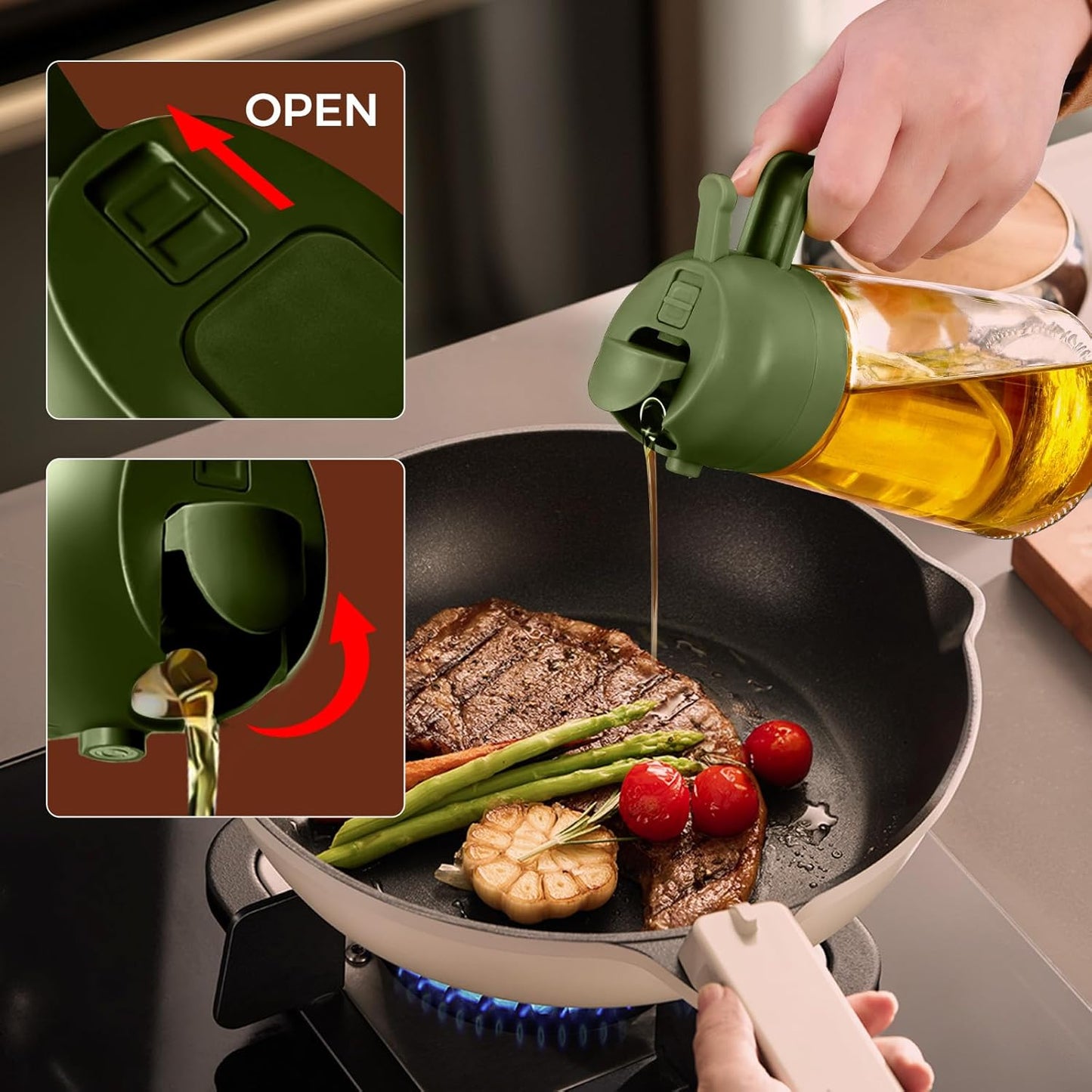 YARRAMATE 16oz/470ml Glass Olive Oil Sprayer for Cooking with Stickers, 2 in 1 Oil Dispenser for Kitchen Gadgets, Food Grade Premium Spray Bottle for Salad, Frying, BBQ (Creamy White)