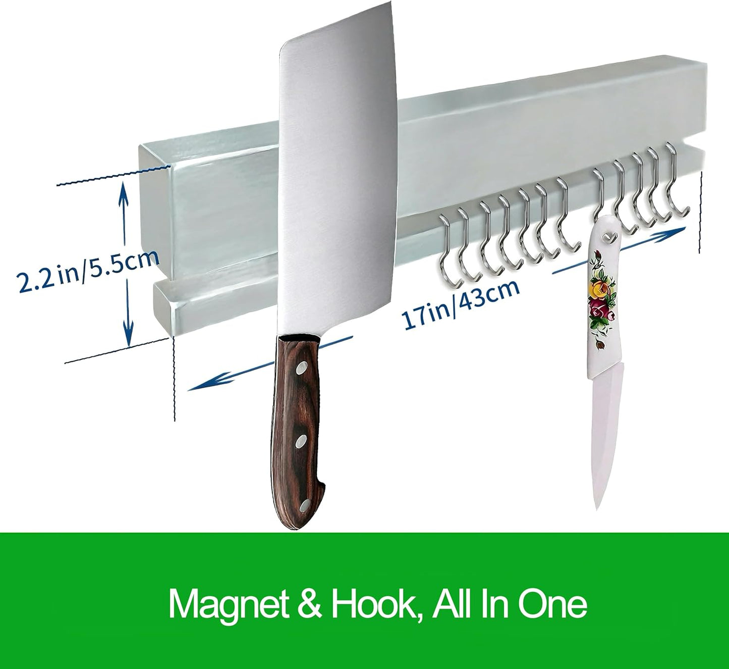 YIIYIIN Strong Magnetic Knife Holder for Wall, 17 Inch No-Drill Knife Strip with 12 Hooks & Adhesive, Holds Kitchen Utensils & Tools
