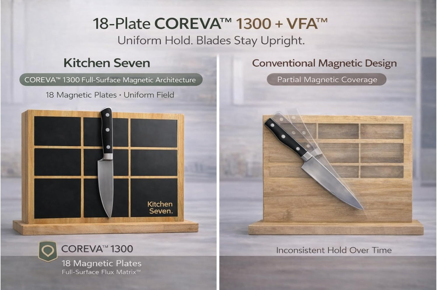 Magnetic Knife Block with 18 COREVA™ Magnetic Plates – Double Sided Bamboo Knife Holder, Engineered Full-Surface Magnetic System for All Knives & Scissors, Countertop Storage Organizer