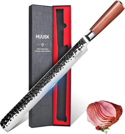 Huusk Brisket Slicing Knife 12", Hand-forged Carving Knife for Meat Cutting, High Carbon Steel Brisket Trimming Knives, Japanese Meat Slicing Knives for Turkey BBQ, Gifts Idea for Men & Women