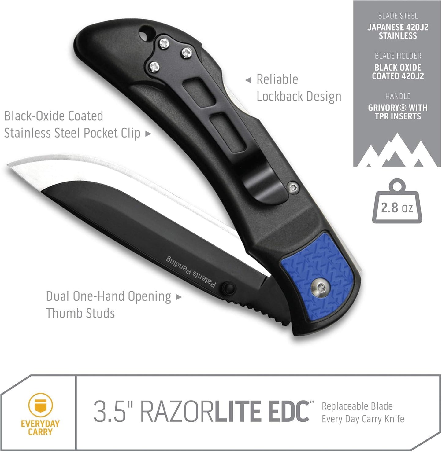 OUTDOOR EDGE 3.5" RazorLite EDC Knife. Pocket Knife with Replaceable Blades and Clip. The Perfect Hunting Blade for Skinning Deer. Blaze Orange with 6 Blades