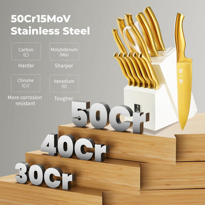 ZHANG XIAO QUAN Knife Set with White Block, High Carbon Stainless Steel Sharp Blades, Built-in Sharpener Kitchen Knife Block Set for Home Cooking