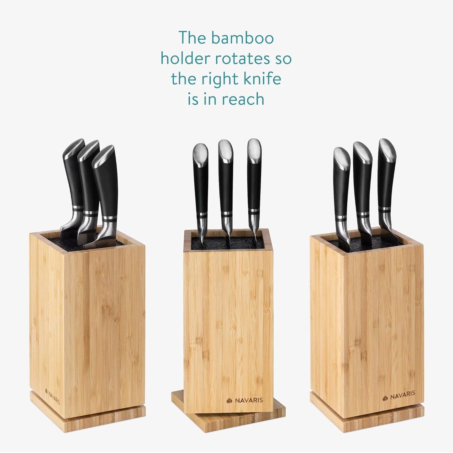 Navaris Bamboo Kitchen Knife Block - Magnetic Rotating Bristle Knife Holder - Universal Knife Block Storage Stand with Bristles - 9.8" x 4.9" x 4.9"