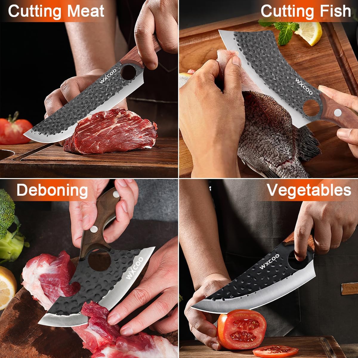 4PCS Hand Forged Kitchen Knife Set with Sheaths, High Carbon Steel Viking Butcher Knife Set, Serbian Chef Cleaver, Heavy Duty Boning Knife & Slicing Knife for Outdoor BBQ, Camping, Hunting