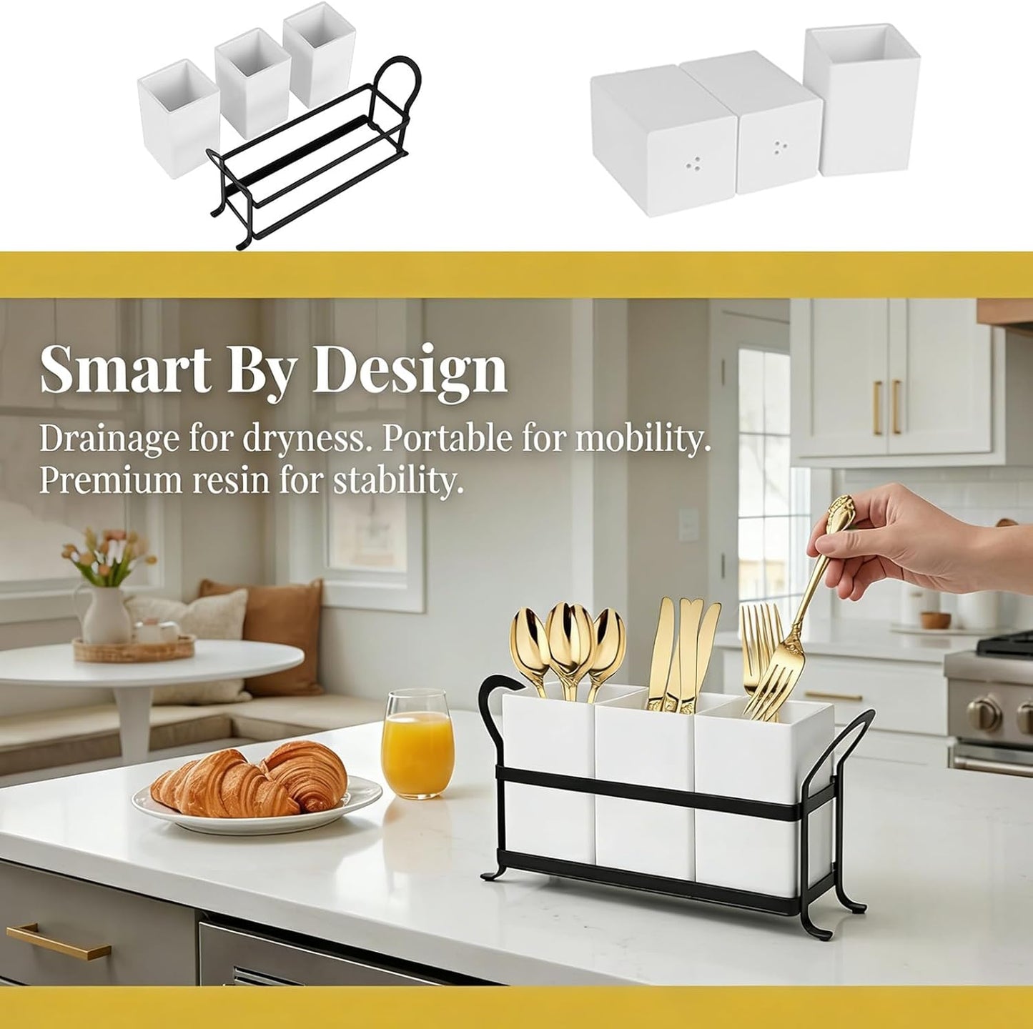 Silverware Caddy for Party, Metal Utensil Holder with Drain Holes, Spoons and Forks Cutlery Holder for Kitchen Countertop - White