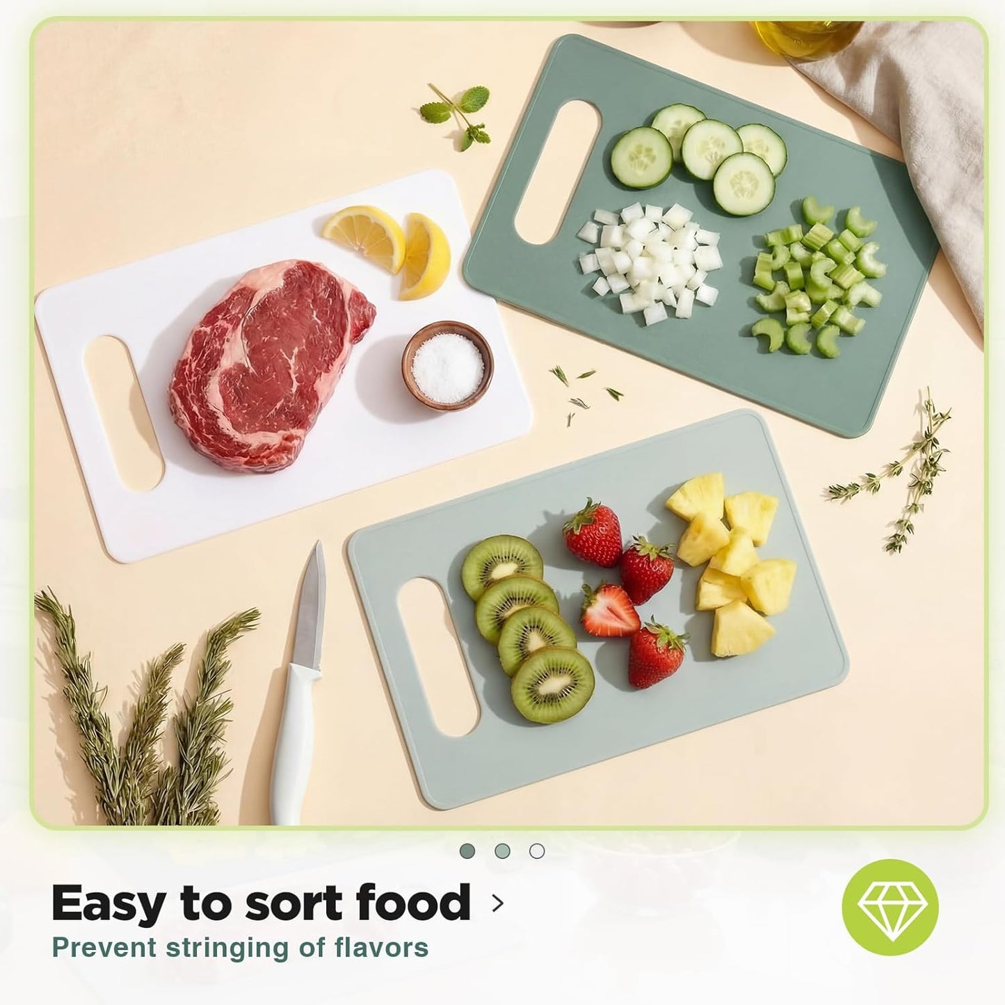 Ziliny 3 Pcs Flexible Small Cutting Boards for Small Kitchen, Thin Plastic Cutting Board Set with Easy Grip Handle, Space Saving Colorful Boards for Apartment, Rv, Meat, Vegetables