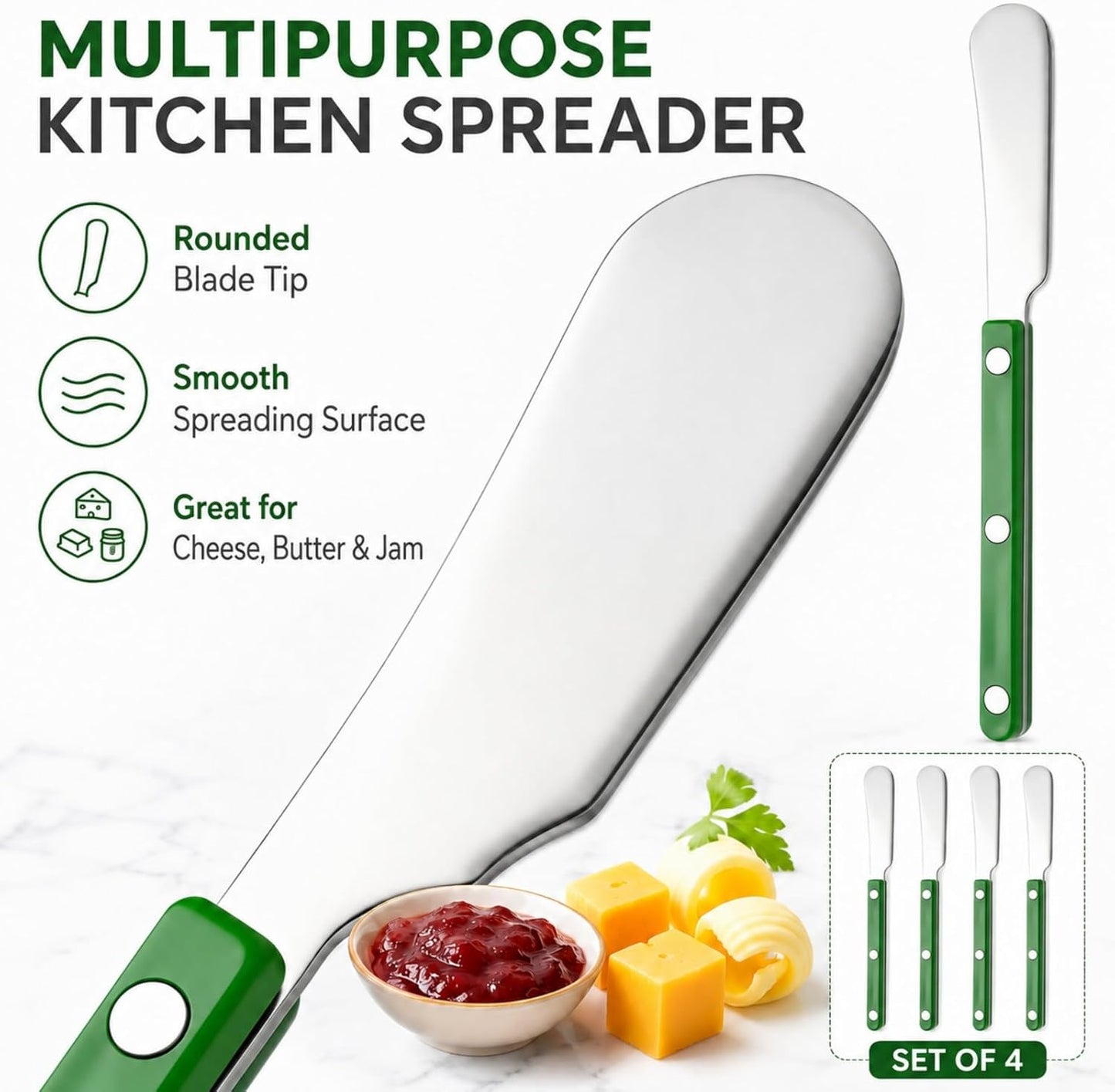 4PCS Stainless Steel Butter Knives Set: 6.3 Inch Cheese Spreader 304 Stainless Steel with Ergonomic Handle for Cheese, Butter & Jam (green)