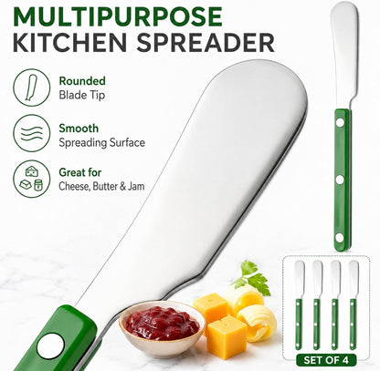 4PCS Stainless Steel Butter Knives Set: 6.3 Inch Cheese Spreader 304 Stainless Steel with Ergonomic Handle for Cheese, Butter & Jam (green)