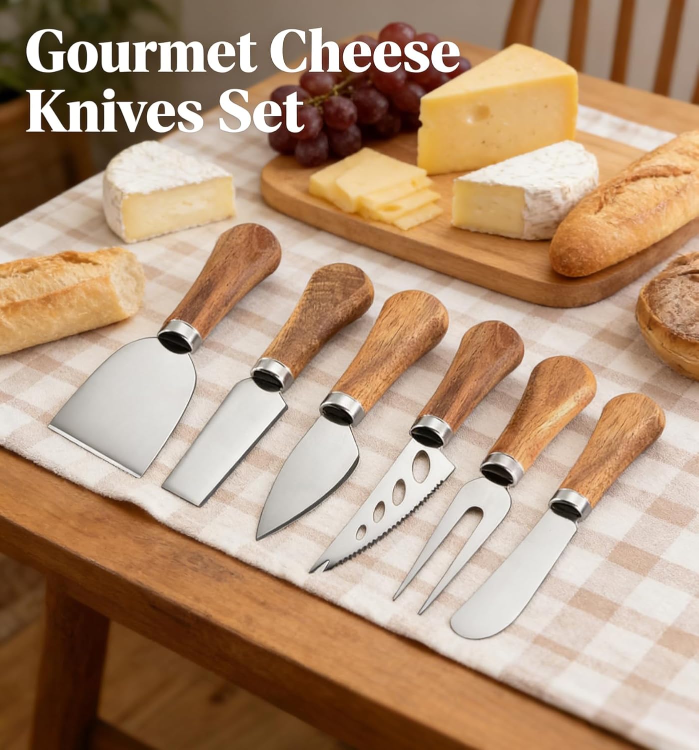 6 Piece Cheese Knives Set with Wooden Handle, Stainless Steel Mini Cheese Knives for Charcuterie & Cheese Spread, Ideal for Cheese Slicing and Butter Cutting (Acacia)