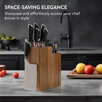 Navaris Bamboo Kitchen Knife Block - Magnetic Rotating Bristle Knife Holder - Universal Knife Block Storage Stand with Bristles - 9.8" x 4.9" x 4.9"