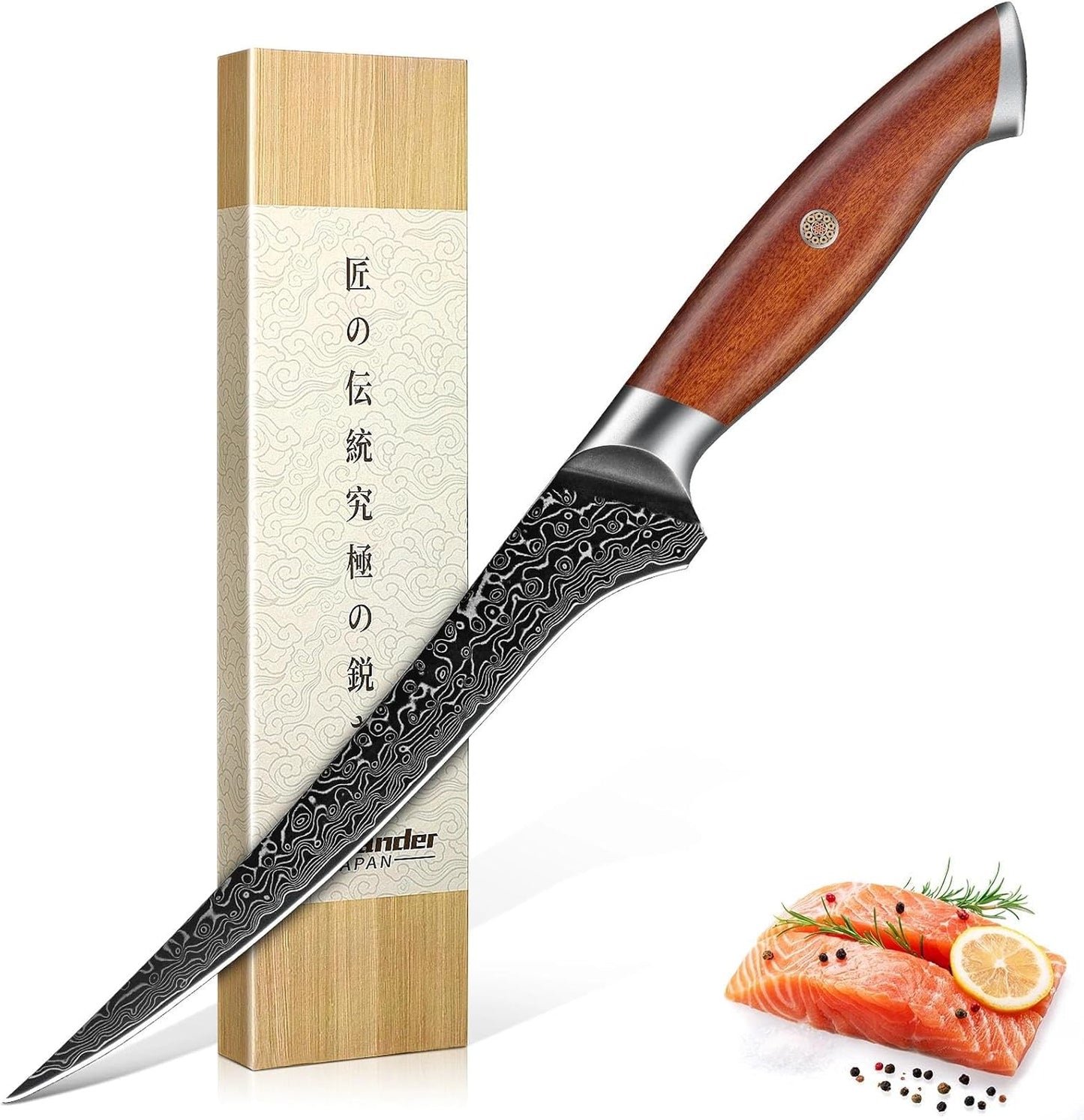 Freelander Damascus Fillet Knife 7", Razor Sharp Boning Knife for Fish, Meat & Poultry, Japanese Filet Knives with Ergonomic Wood Handle, Ideal for Skinning, Deboning & Slicing, Gift Box Included