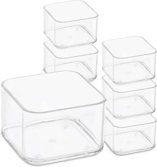 primebox Six Pcs. Plastic Clear Drawer Organizers. Stackable Storage Trays for Kitchen Utensils and Silverware. 2 Sizes. Stackable